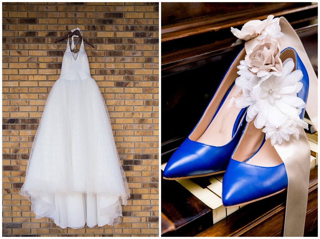 Wedding dress and blue wedding heels with sash.