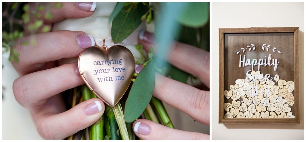Carrying your love with me locket and guest book hearts.