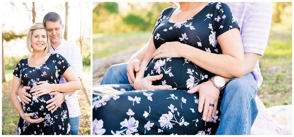 pregnant woman in floral dress sitting with man