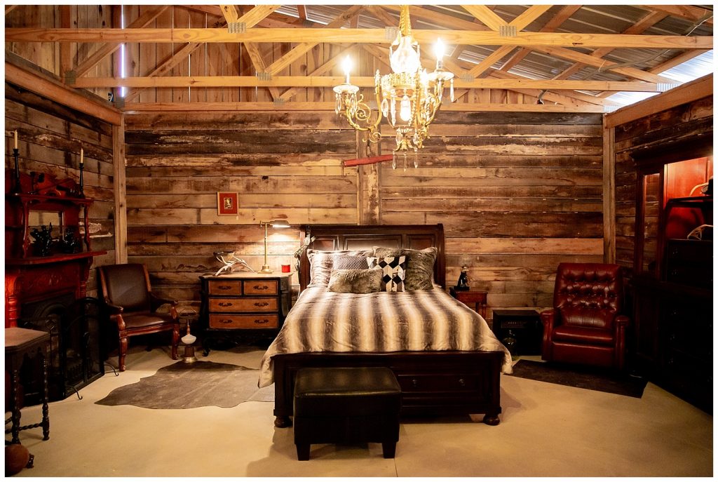 bed in rustic groom's den