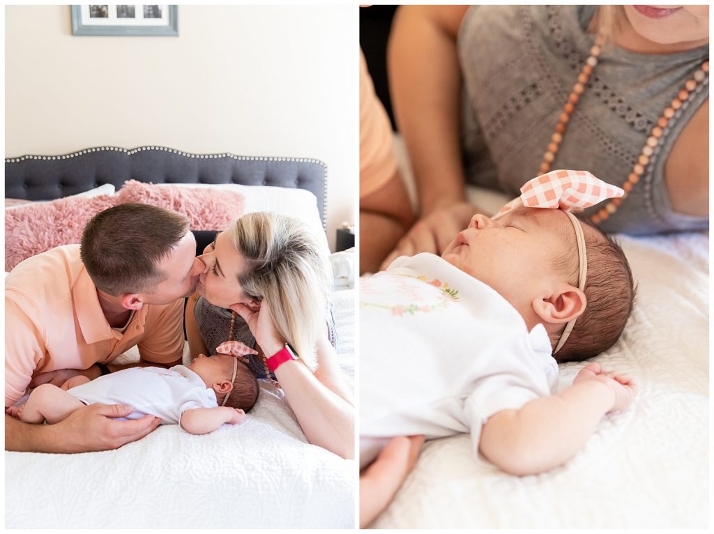 collage of parents kissing on bed with little girl
