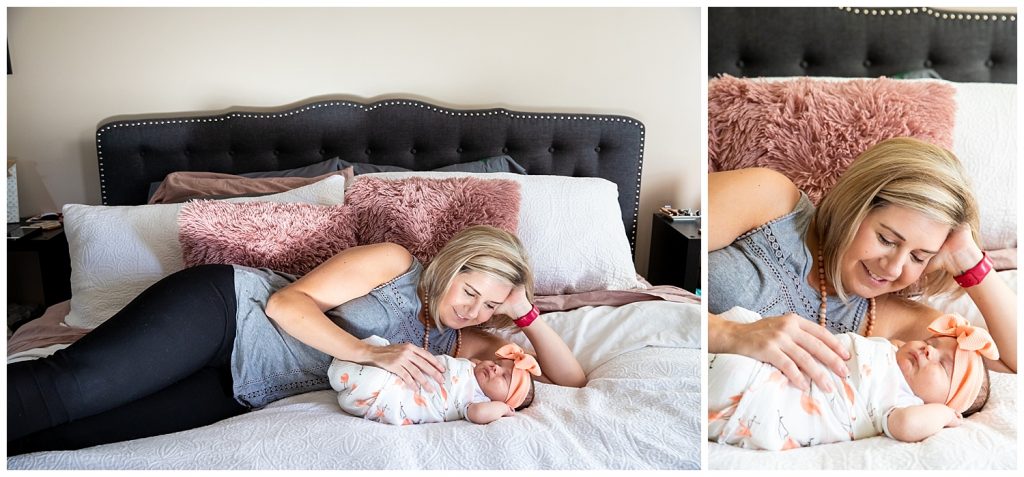 collage of mom and baby girl laying on bed