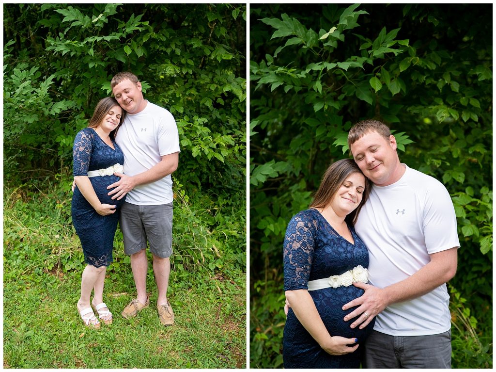 collage of mom and dad with eyes closed touching pregnant belly