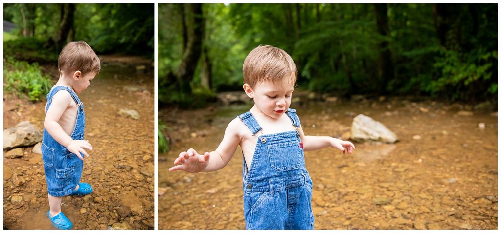 collage of a little boy in overalls playing in a creek