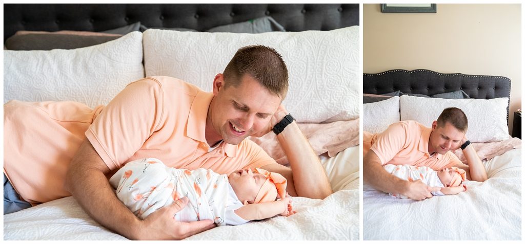 collage of dad and baby girl laying on bed