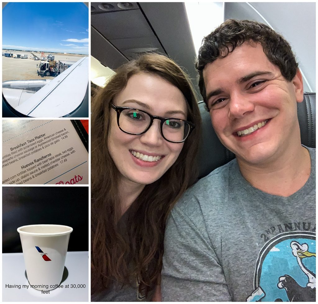 woman and man on airplane with coffee