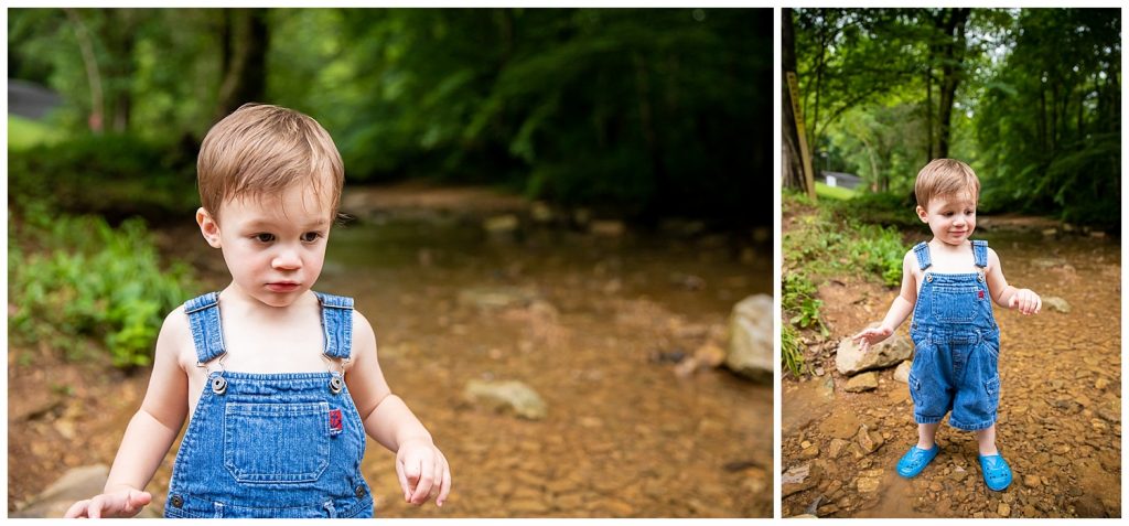 collage of a little boy playing a creek