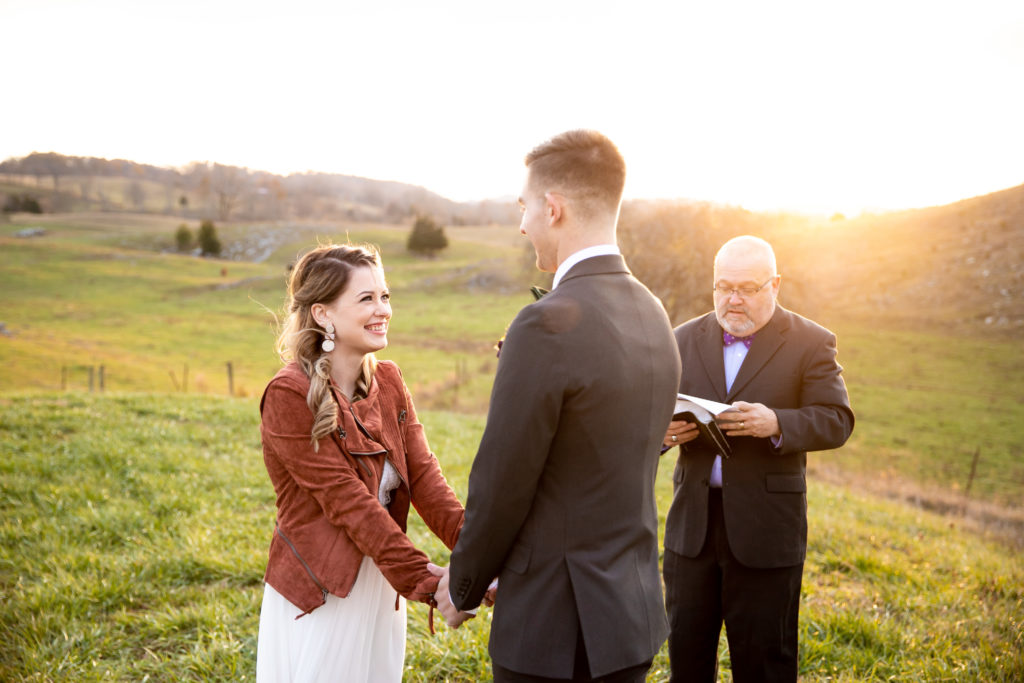 bride and groom sunset ceremony elopement