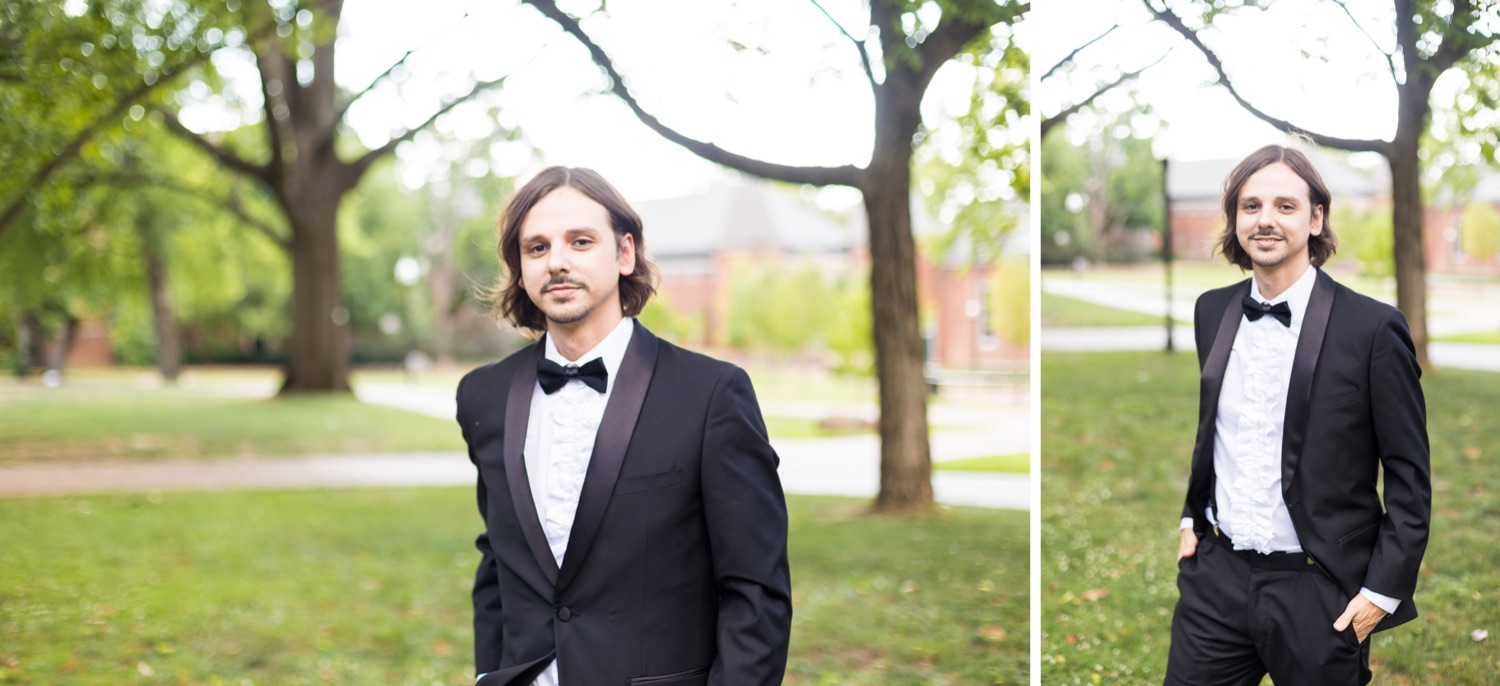 Collage of the groom lightly smiling as he stands in a courtyard at Vanderbilt Alumni Hall