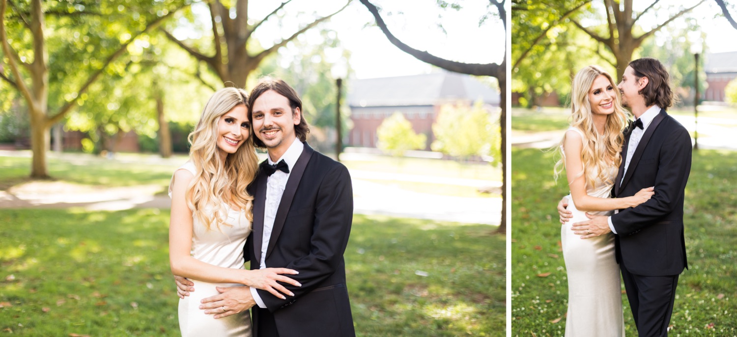 Collage of the groom whispering in his bride’s ear while she laughs in a courtyard at Vanderbilt Alumni Hall