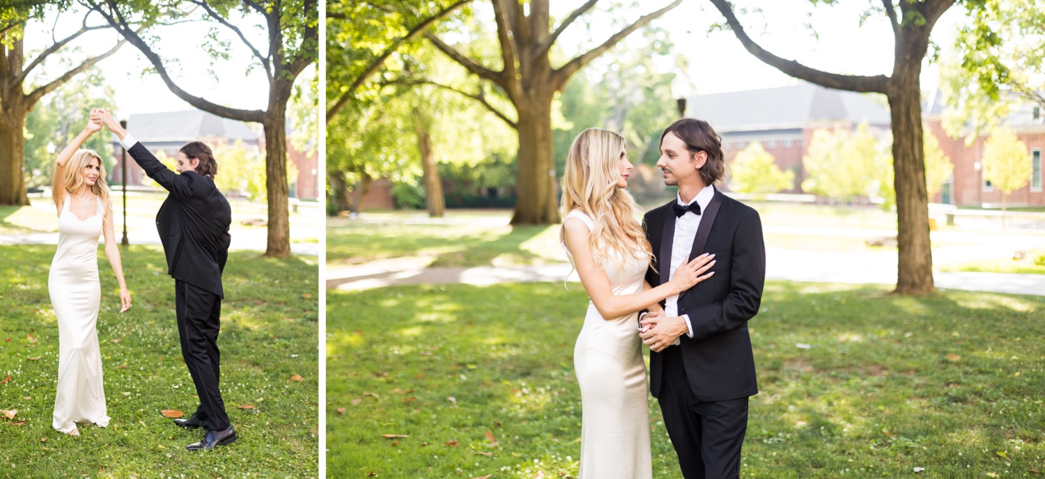 Collage of the groom spinning his bride in a courtyard in Nashville, TN and the bride and groom standing close together smiling at each other during their micro wedding.