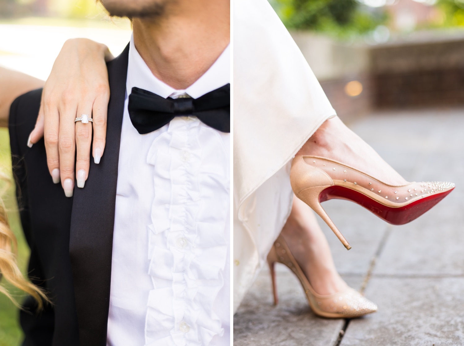 Collage of a detail photo of the bride’s emerald cut engagement ring on her husband’s shoulder during their black tie wedding and a detail photo of nude, rhinestone Louboutin shoes at a black tie wedding in Nashville, TN