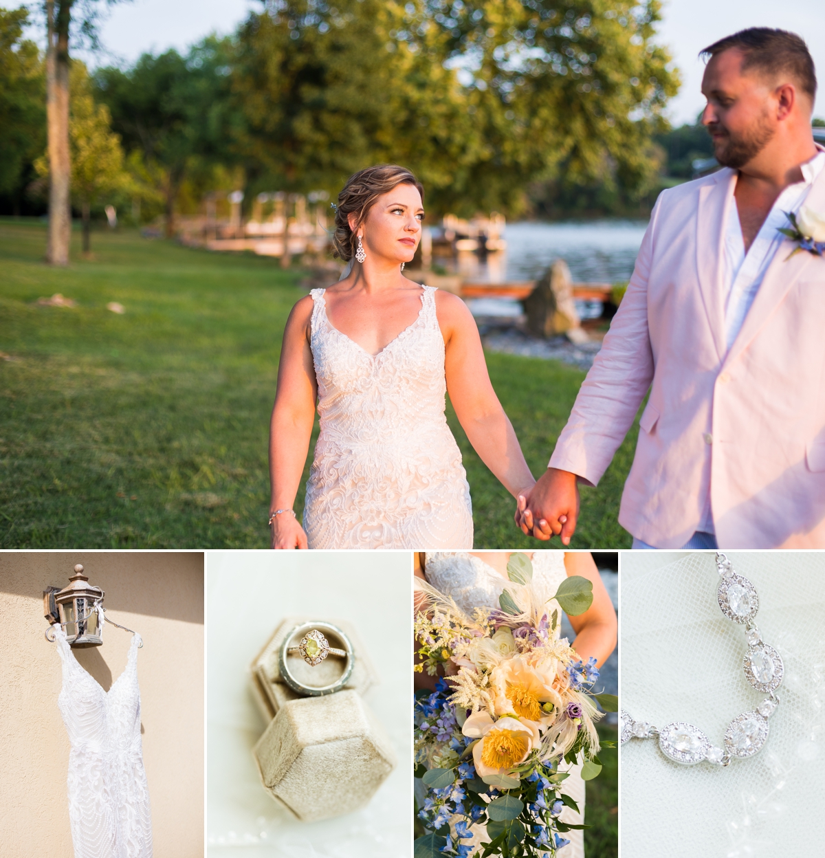 Collage of Kathryn and Eric walking together on the lake edge and detail photos from their wedding in Nashville.